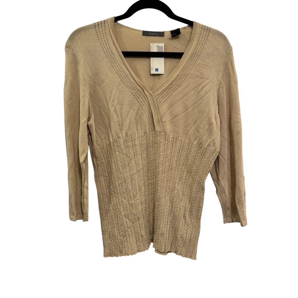 Liz Claiborne Womens Sweater L Beige Knit V-Neck Rayon Blend
